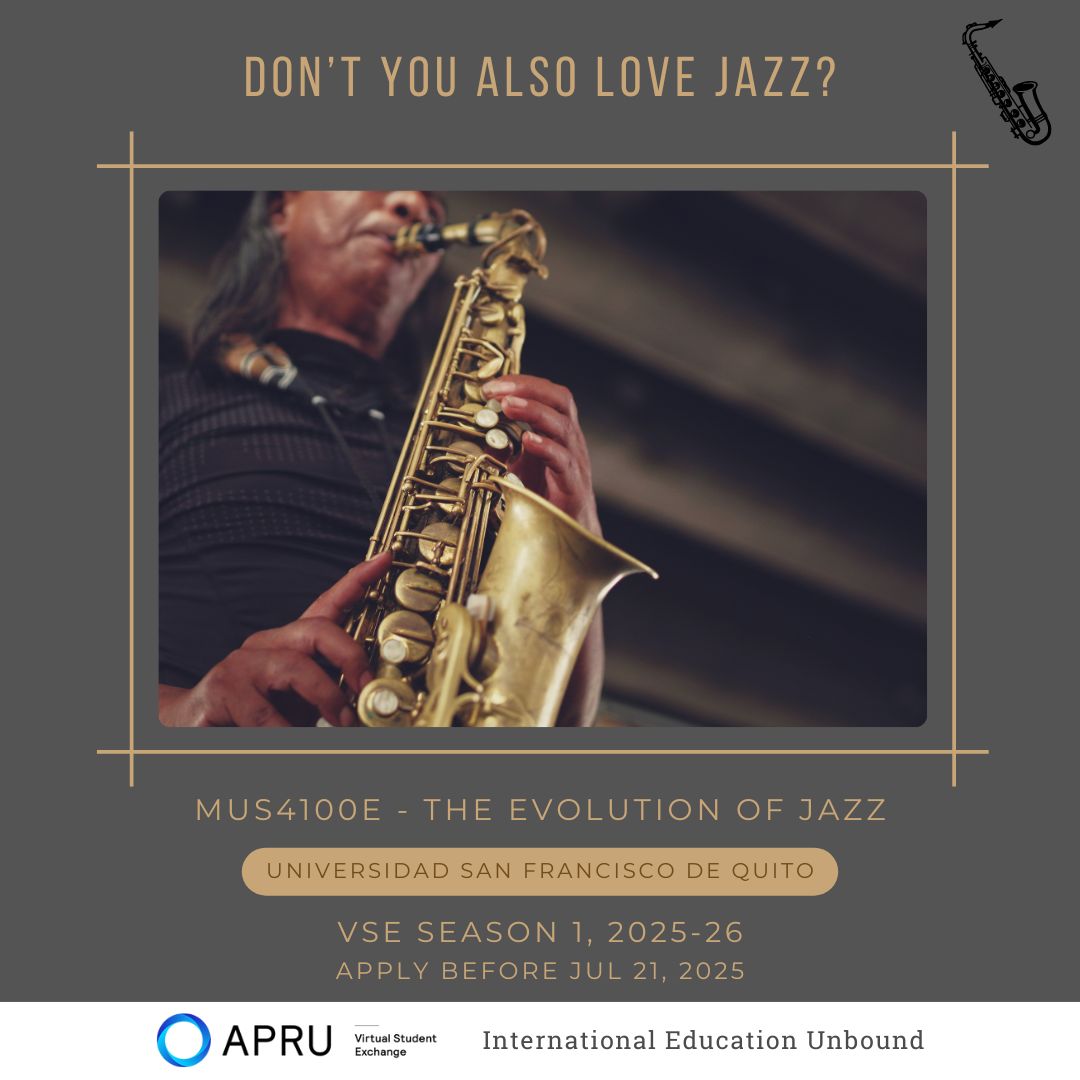 APRU Virtual Student Exchange Program (VSE) (@apruvse) on Twitter photo Immerse in classic jazz pieces with <a href="/USFQ_Ecuador/">Universidad San Francisco de Quito</a> in #APRU_VSE! Trace the genre's origins, influential styles and artists who have shaped this iconic American art form over time.
More courses at vse.apru.org/s12526
@apru1997 #APRU
#VSE #VirtualStudentExchange
#UniversityLife Immerse in classic jazz pieces with <a href="/USFQ_Ecuador/">Universidad San Francisco de Quito</a> in #APRU_VSE! Trace the genre's origins, influential styles and artists who have shaped this iconic American art form over time.
More courses at vse.apru.org/s12526
@apru1997 #APRU
#VSE #VirtualStudentExchange
#UniversityLife