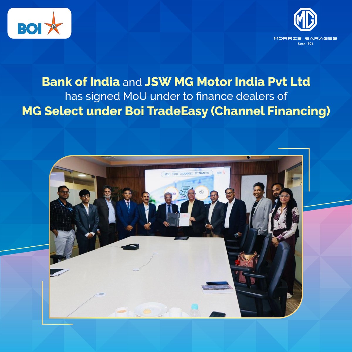 Bank of India (@bankofindia_in) on Twitter photo Bank of India(BOI) and JSW MG Motor India Pvt Ltd (JSW MG) have officially signed a Memorandum of Understanding (MoU) to establish a collaborative partnership aimed at financing the Dealers under Star Channel Finance for MG Select Channel. Bank of India will be using the new Bank of India(BOI) and JSW MG Motor India Pvt Ltd (JSW MG) have officially signed a Memorandum of Understanding (MoU) to establish a collaborative partnership aimed at financing the Dealers under Star Channel Finance for MG Select Channel. Bank of India will be using the new