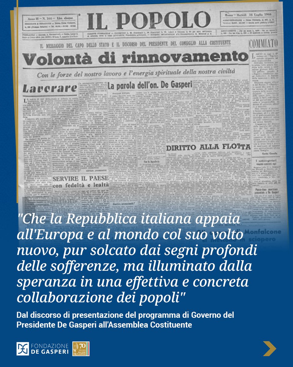🗓️ 14 luglio 1946: il Governo #DeGasperi II giura davanti al Presidente Enrico De Nicola.

Primo governo della Repubblica Italiana, guida il Paese tra speranze e snodi cruciali: Conferenza di pace di Parigi, viaggio negli USA, nuova politica economica.
#DeGasperi70 #StoriaDItalia