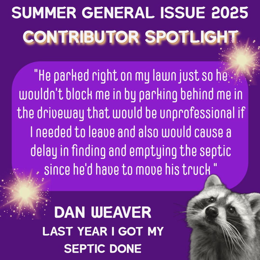 TrashCatLit's tweet image. From our latest issue 🦝
We loved Dan's two submissions for their unique voice and very human humour.
Read and listen to @MatGost excitedly talk about septic tanks:
trashcatlit.com/chime-3-volume…
trashcatlit.com/last-year-i-go…
Dan also answered Trash Cat's questions:
trashcatlit.com/2025/07/14/q-a…