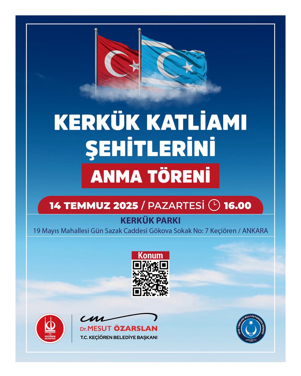 66 yıl önce bugün Kerkük’te yaşanan katliam, sadece bizlerin değil tüm insanlığın hafızasında derin yaralar bıraktı. Hayatını kaybeden soydaşlarımızı rahmetle anıyor, aziz hatıralarını yaşatmak için Keçiören'de bir araya geliyoruz. 

📍 Kerkük Parkı
📅 14 Temmuz Pazartesi
⏰