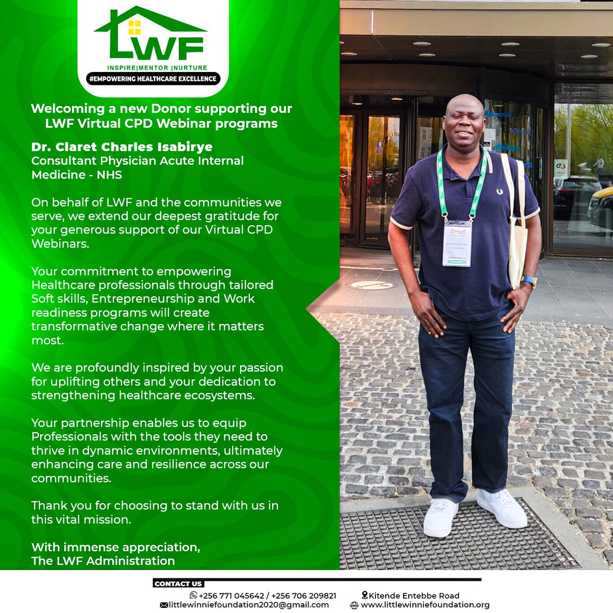 LittleWinnieFo2's tweet image. We are delighted to shine a spotlight on our generous donor,Dr. Claret Charles Isabirye (Consultant Physician, NHS), who discovered our community work online&was inspired to support the vision.
His contribution will directly advance our mission to transform Healthcare