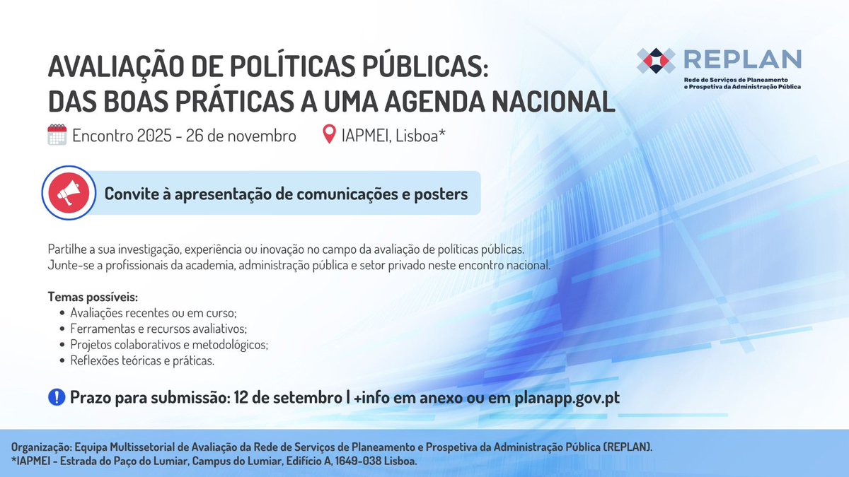 AD&C-Agência para o Desenvolvimento & Coesão, I.P. (@adecoesao) on Twitter photo 📣 Encontro sobre Avaliação de Políticas Públicas
🎯 Call for papers aberta até 12 set
📩 replan@planapp.gov.pt
🔗 tinyurl.com/encontro-replan 📣 Encontro sobre Avaliação de Políticas Públicas
🎯 Call for papers aberta até 12 set
📩 replan@planapp.gov.pt
🔗 tinyurl.com/encontro-replan
