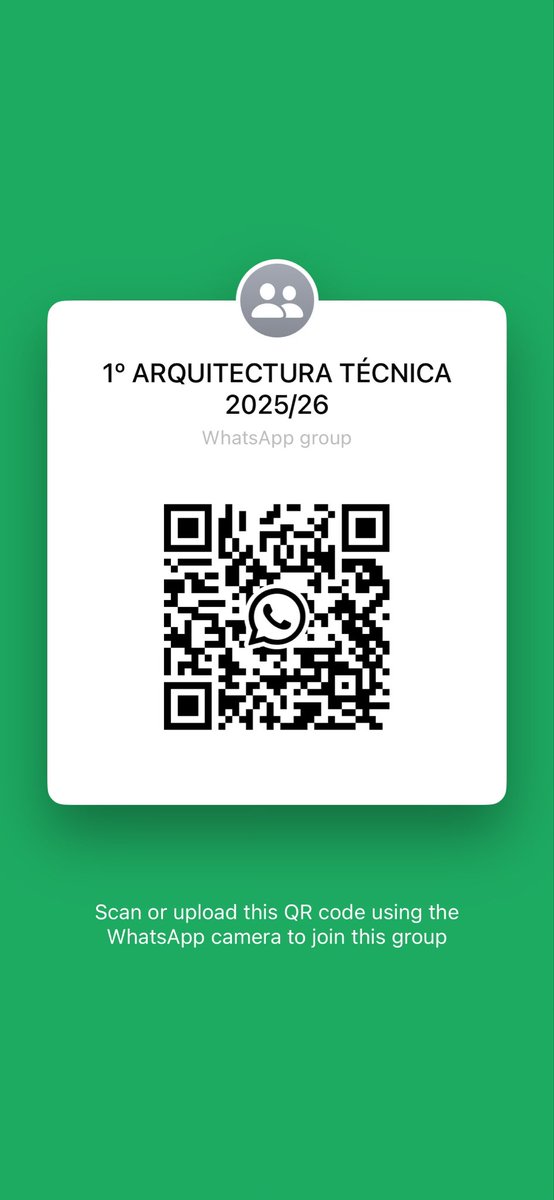 🎓 ¿Vas a empezar primero de Arquitectura Técnica en la UPV y quieres enterarte de todo desde el principio?
Únete al grupo de WhatsApp para conocer a tus compis, compartir dudas y no perderte nada 👇

chat.whatsapp.com/Bi9d2MKXwGG0rh…