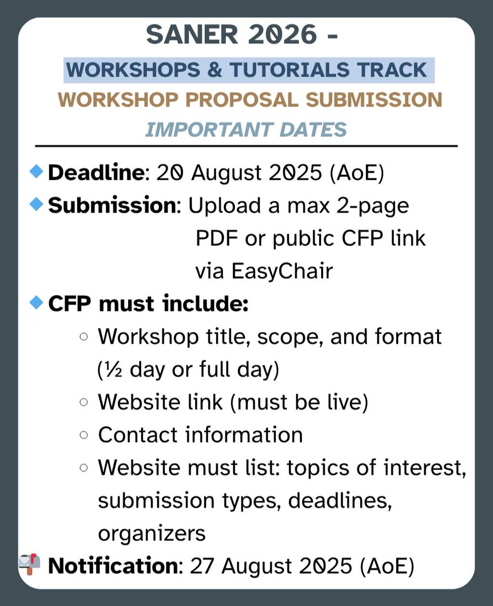 🛠️ SANER 2026 – Workshops &amp; Tutorials Track
📢 Call for Workshop Proposals important dates!

🗓️ Submission Deadline: 20 August 2025 (AoE)

🔔 Notification: 27 August 2025 (AoE)
👉 Visit the website for full instructions!
facebook.com/SANER2026/