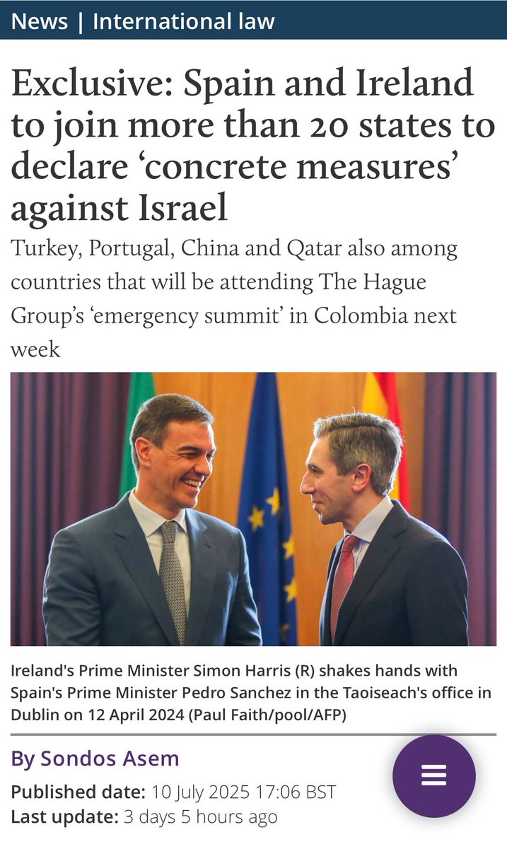 20 paesi, tra cui la Cina, si incontreranno a Bogotà la prossima settimana per dichiarare "misure concrete contro le violazioni del diritto internazionale da parte di Israele"
Dopo un enorme “era ora”, ecco la lista dei Paesi civili: Irlanda, Portogallo, Spagna, Cuba, Sudafrica,