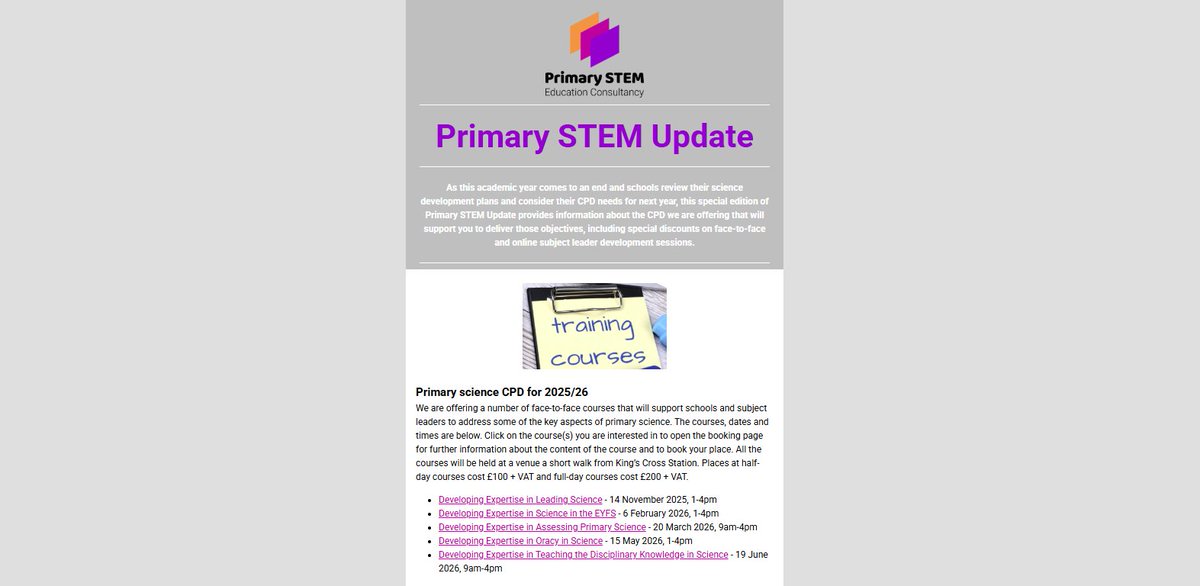 Primary STEM Education Consultancy (@naomihiscock) on Twitter photo Primary #STEM Update Special - bit.ly/3GH1NZc - feats info about CPD next year (incl. #prisci courses & subj lead meetings for <a href="/lambeth_council/">Lambeth Council</a> & <a href="/LewishamCouncil/">Lewisham Council</a> schs, and online sessions), INSET, consultancy, Focus4TAPS and <a href="/Psqm_HQ/">Primary Science Quality Mark</a>.
Subscribe ow.ly/J0ba50F6iqn Primary #STEM Update Special - bit.ly/3GH1NZc - feats info about CPD next year (incl. #prisci courses & subj lead meetings for <a href="/lambeth_council/">Lambeth Council</a> & <a href="/LewishamCouncil/">Lewisham Council</a> schs, and online sessions), INSET, consultancy, Focus4TAPS and <a href="/Psqm_HQ/">Primary Science Quality Mark</a>.
Subscribe ow.ly/J0ba50F6iqn