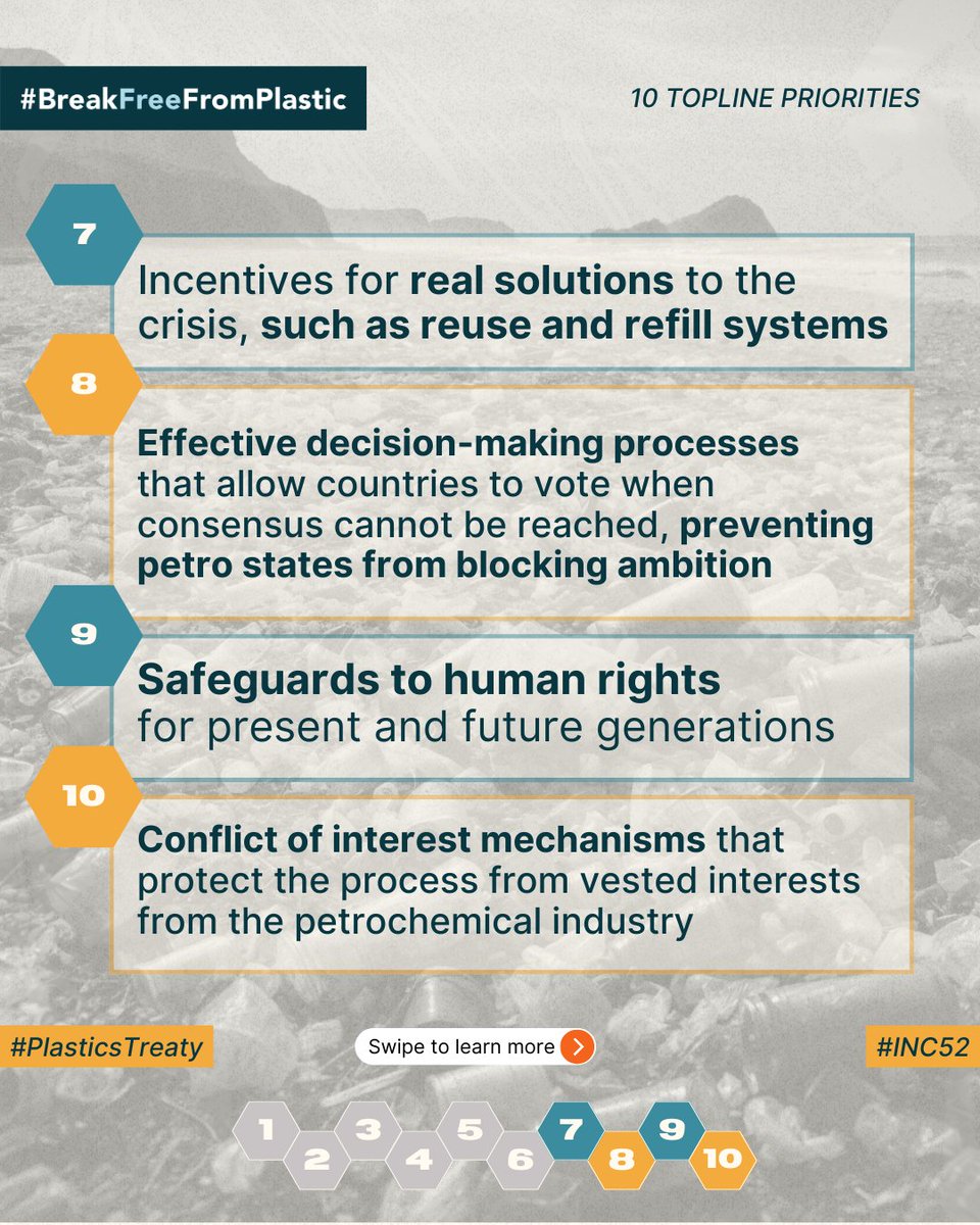 🌍 We need a #PlasticsTreaty that can deliver meaningful impact to protect the environment, biodiversity, human health, and human rights.

Swipe to learn the 10 priorities for a successful Plastics Treaty. 👉

#BreakFreeFromPlastic #INC52 #PlasticPollution