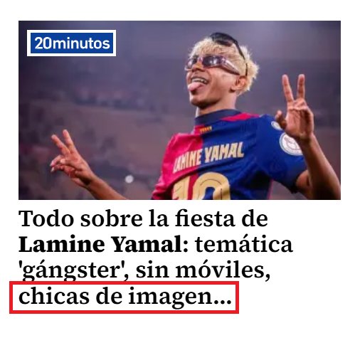 Lo de Lamine Yamal contratando prostitutas para su fiesta de cumpleaños y la prensa hablando de "chicas de imagen" para blanquearlo es terrible.

¿Recordáis cuando se hablaba de Lamine con "orgullo" por ser de un barrio obrero y proceder de una familia inmigrante?
