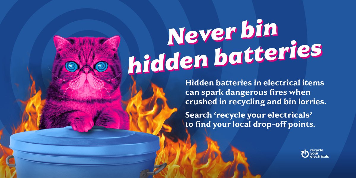MerseysideRWA's tweet image. At least 25% of the UK public admit to binning batteries - they didn’t know batteries can start fires in bin lorries 😬 All batteries should be recycled separately, never thrown away! Drop them off at your local Recycling Centre or supermarket battery collection point.
