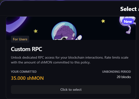 New policy on <a href="/0xFastLane/">FastLane Labs</a>  ShMON staking platform.

Unlock dedicated RPC access to your wallet, for faster, safe, more reliable blockchain interactions.

You can commit your staked MON to 3 specific policies now.  <a href="/monad_xyz/">Monad</a>