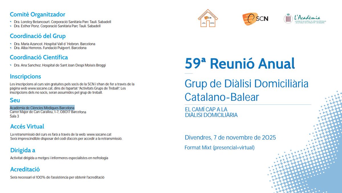 nefrocat's tweet image. 📢59ª Reunió Anual Grup Diàlisi Domiciliària Catalano-Balear
Parlem del futur de la diàlisi a casa!
📅 7 novembre
📍 Acadèmia de Ciències Mèdiques Barcelona + Online
Anima’t i inscriu-t’hi avui mateix!👇
➕linke.to/ReunioAnualDia…
#ReunioAnualDialisiDomiciliaria