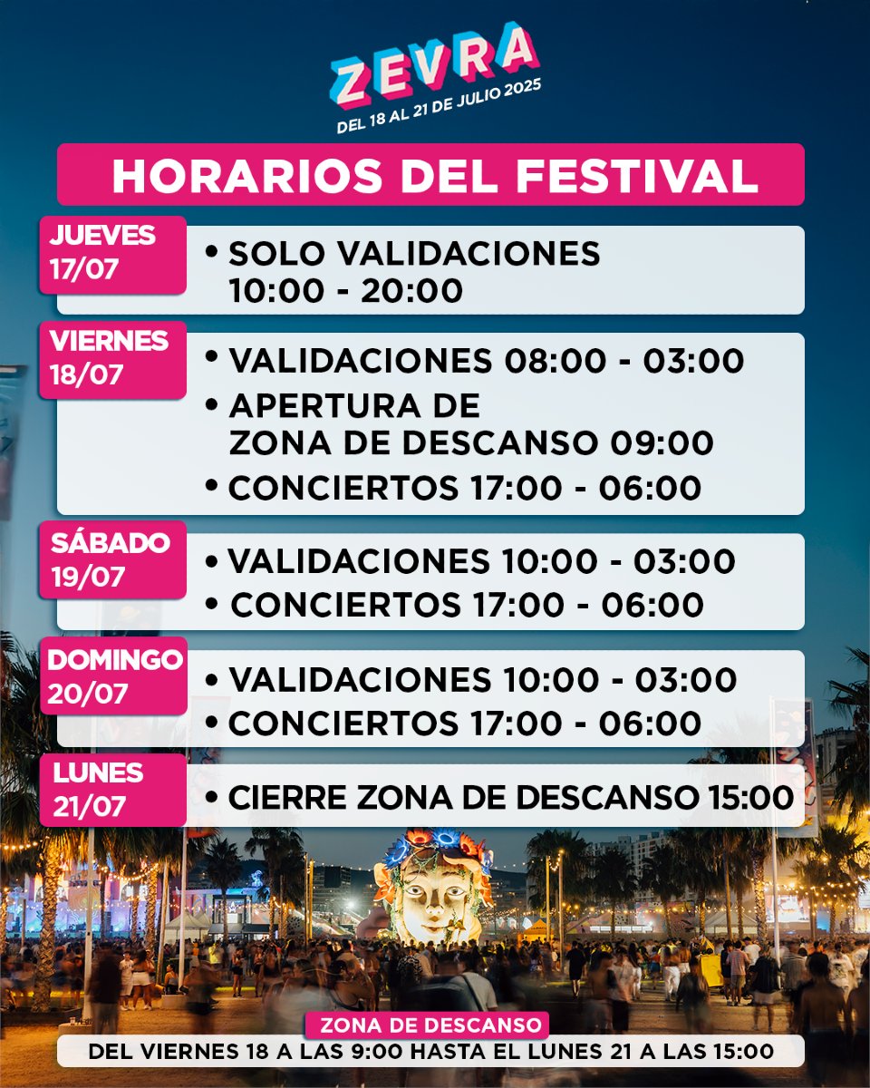 Oficialmente entramos en semana de Zevra 🤩🤩🤩🤩

Ya no hay vuelta atrás: validaciones, conciertos, zona de descanso… lo tienes todo aquí resumido para que no se te escape nada.

📲 Guárdalo o mándaselo a tu grupo que ya está aquí la semana más esperada del año.