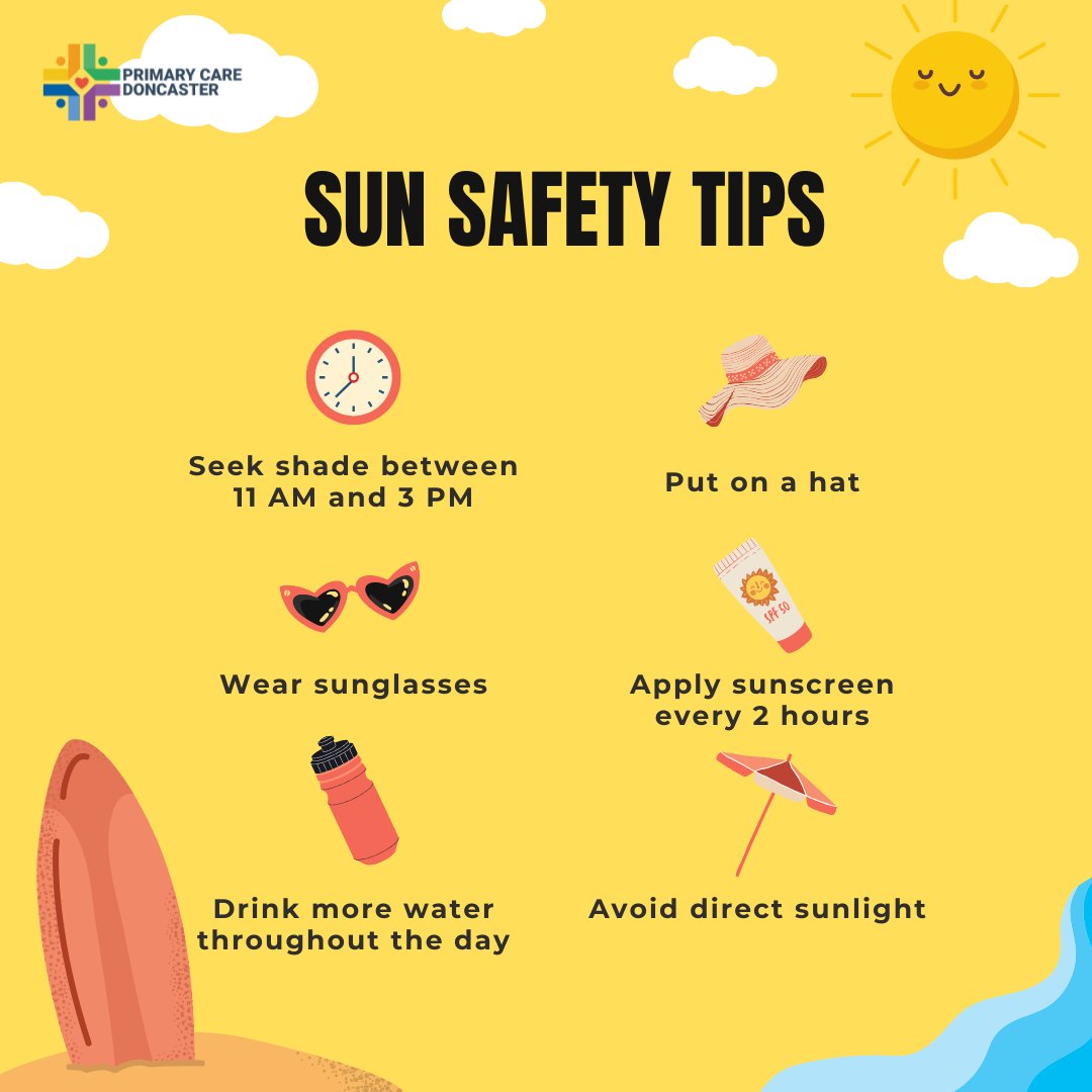 GPFedDoncaster's tweet image. ☀️ Protect your skin this summer!

With hot temperatures, it’s more important than ever to stay safe in the sun. 

Whether you’re heading to the beach or just out for a walk, here are some tips that can make a big difference in protecting your skin and your health.