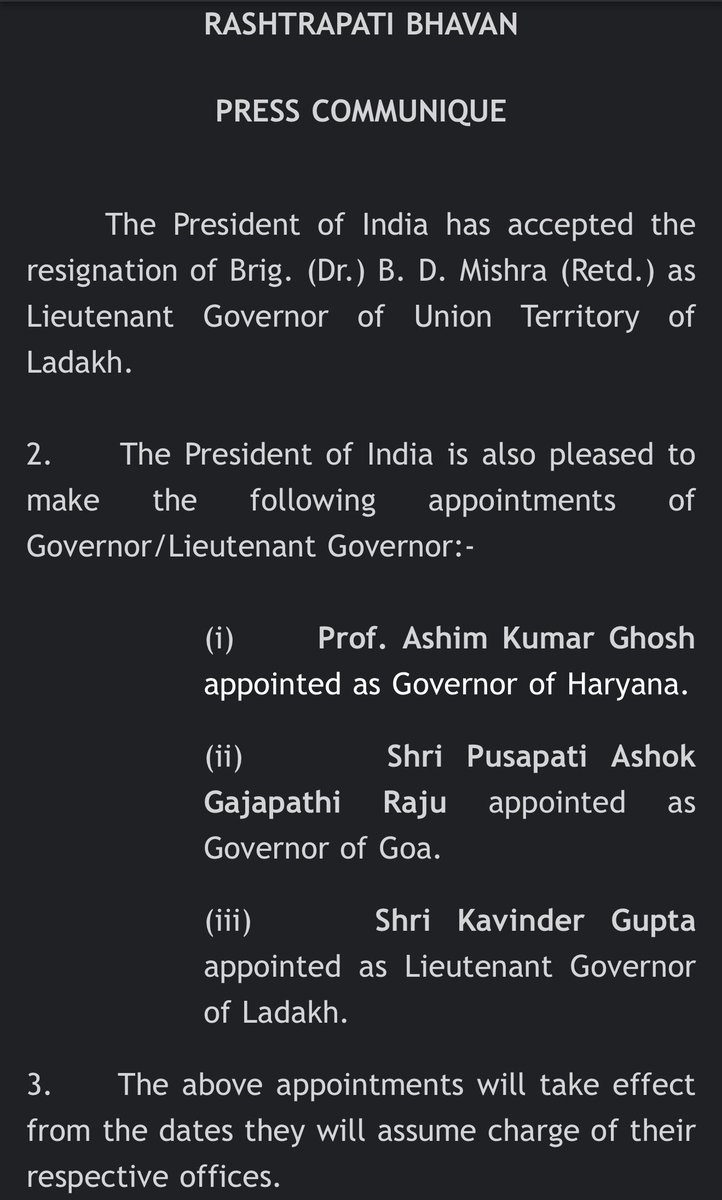 President of India is pleased to make the following appointments of Governor/Lieutenant Governor: 
          
(i)          Prof. Ashim Kumar Ghosh appointed as Governor of Haryana.
(ii)        Shri Pusapati Ashok Gajapathi Raju appointed as Governor of Goa.
(iii)      Shri