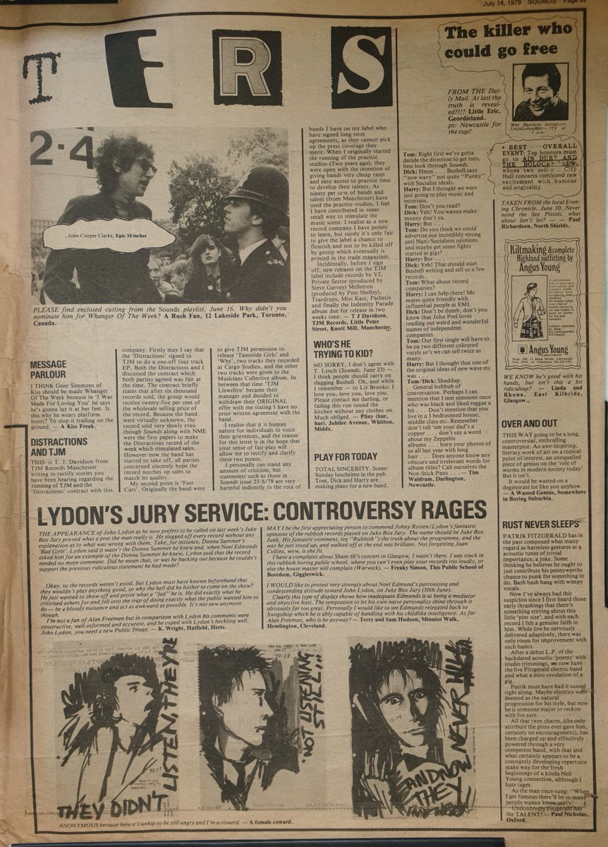 Letters Page in Sounds 14th, July 1979 including TJM Records and The Distractions and John  Lydon on Juke Box Jury. <a href="/DistractionsMcr/">The Distractions</a>
<a href="/sexpistols/">Sex Pistols Official</a>