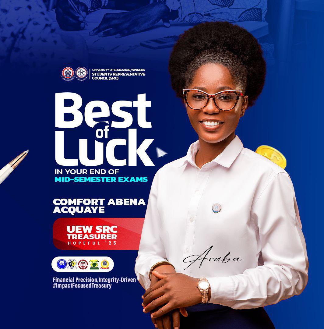 Keep your focus, have faith in your skills, and give it your all. YOU ARE CAPABLE! Your FORTITUDE, RESILIENCY, AND DETERMINATION ARE WHAT MAKE YOU STRONG. Even though exams may challenge your knowledge. "YOU'RE CAPABLE. 

SRC TREASURER HOPEFUL 25’

              ARABA