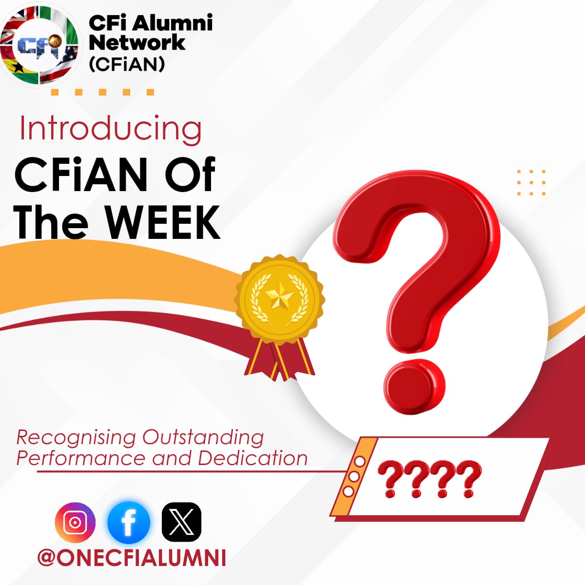 onecfialumni's tweet photo. UPDATE

Introducing CFiAN of the Week...

Unveiling today at 1200hrs WAT

Keep Updated across our social media channels and Regional/Chapter WhatsApp Groups

#CFiANoftheWeek
#CelebratingOURNetwork
#CelebratingOURNetworth https://t.co/AWvk1zi5eX
