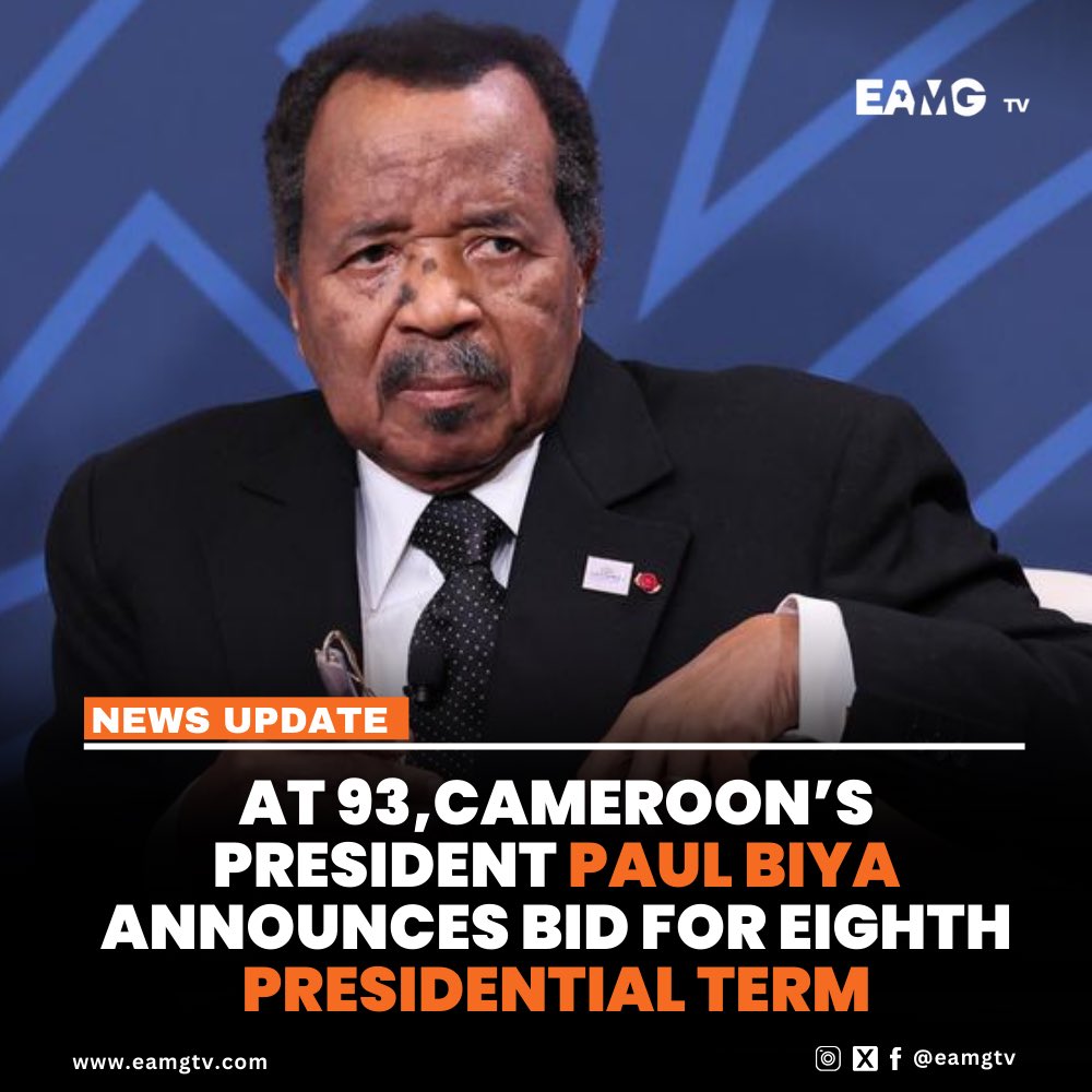 East Africa Media Group (@eamgtv) on Twitter photo At 93, President <a href="/PR_Paul_BIYA/">President Paul BIYA</a> has announced his bid for an eighth term in Cameroon’s upcoming election. One of the world’s longest-serving leaders, Biya has been in power since 1982. At 93, President <a href="/PR_Paul_BIYA/">President Paul BIYA</a> has announced his bid for an eighth term in Cameroon’s upcoming election. One of the world’s longest-serving leaders, Biya has been in power since 1982.