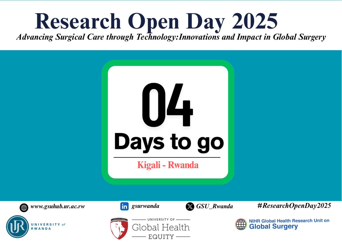 Global Surgery Research Hub Rwanda (@gsu_rwanda) on Twitter photo 📌#ResearchOpenDay2025 is just 4 days away!
Innovation is transforming #GlobalSurgery, from #AI-powered diagnostic to low-cost surgical tools. Let’s shape a future where safe surgery is accessible to all. #SurgicalCare #AI #IoT <a href="/Fostino21/">Prof. Faustin NTIRENGANYA</a> <a href="/Uni_Rwanda/">University of Rwanda</a> <a href="/ughe_org/">University of Global Health Equity</a> <a href="/RwandaHealth/">Ministry of Health | Rwanda</a> 📌#ResearchOpenDay2025 is just 4 days away!
Innovation is transforming #GlobalSurgery, from #AI-powered diagnostic to low-cost surgical tools. Let’s shape a future where safe surgery is accessible to all. #SurgicalCare #AI #IoT <a href="/Fostino21/">Prof. Faustin NTIRENGANYA</a> <a href="/Uni_Rwanda/">University of Rwanda</a> <a href="/ughe_org/">University of Global Health Equity</a> <a href="/RwandaHealth/">Ministry of Health | Rwanda</a>