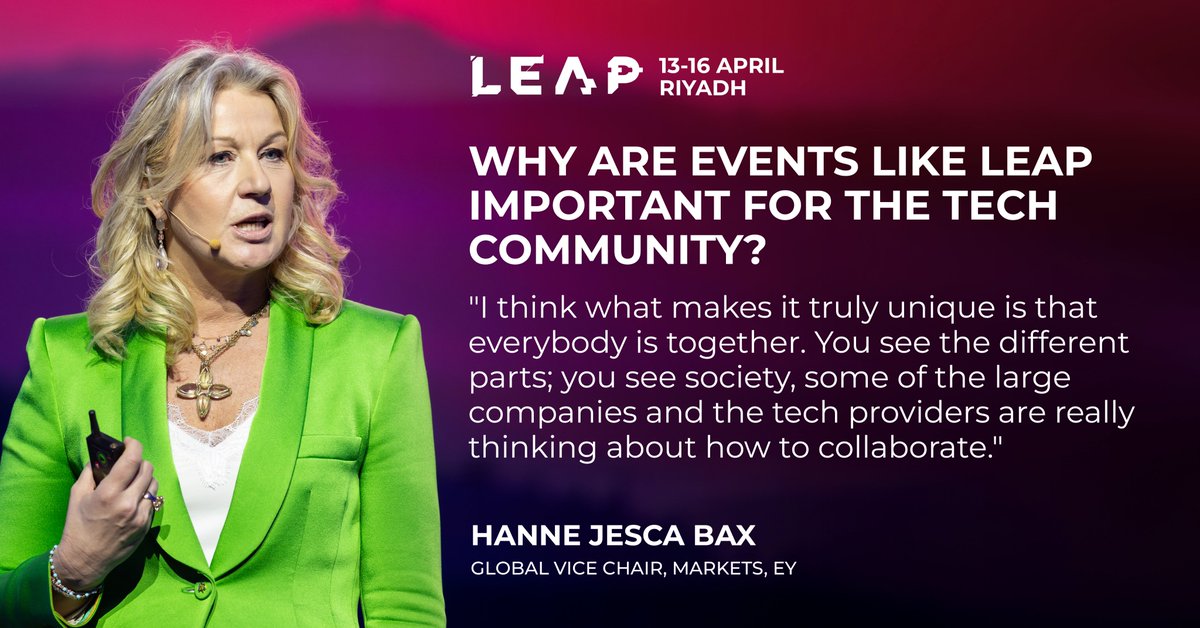 At LEAP 2025, diverse minds converged to shape the tech ecosystem. Hanne Jesca Bax of <a href="/EYnews/">EY</a> emphasised the importance of collaboration, bringing society, industry leaders, and tech providers together.

Pre-register for LEAP 2026: leapreg.com/2026prereg

#LEAP26 #IntoNewWorlds