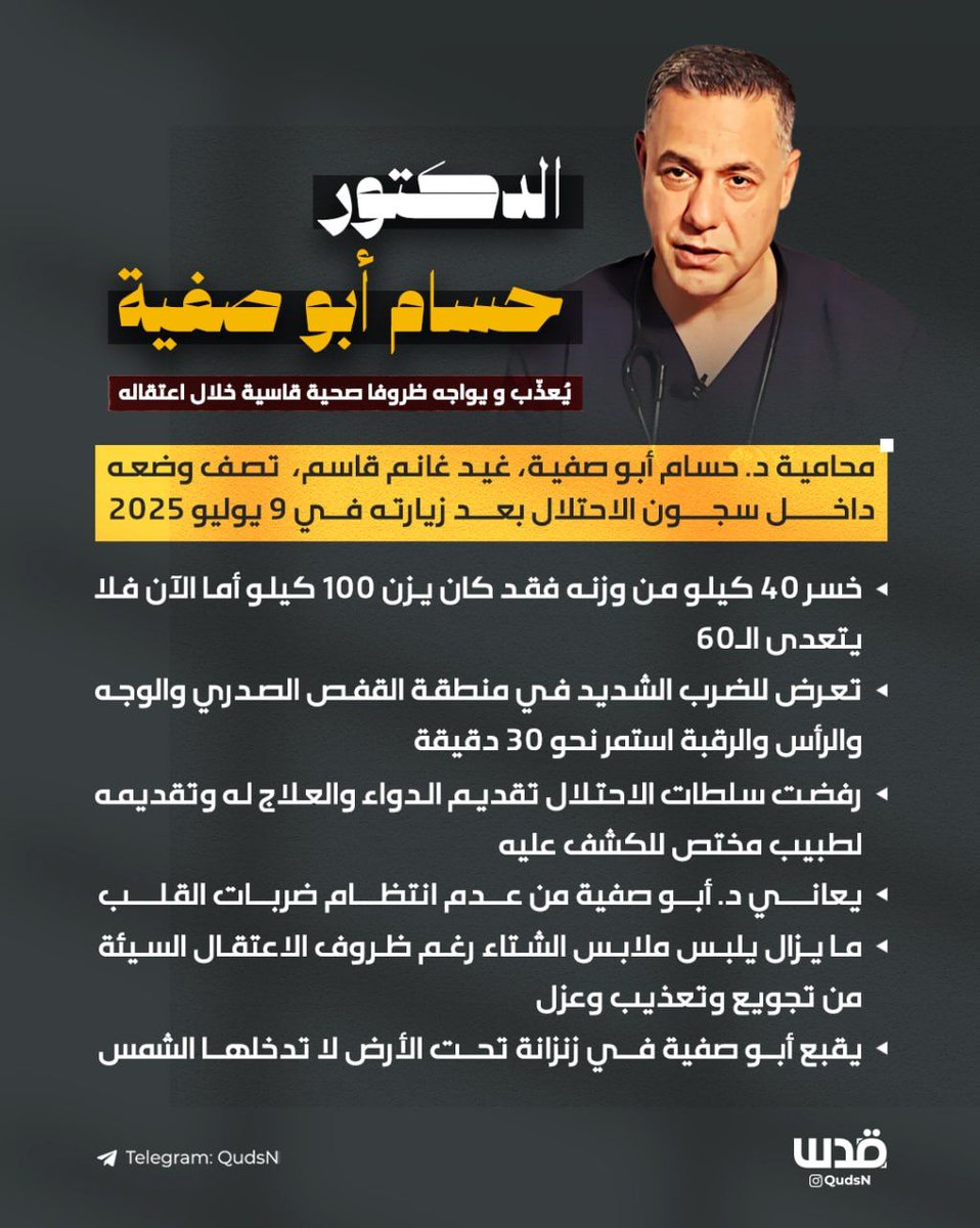 الدكتور حسام أبو صفية يُعذّب في الزنازين و يواجه ظروفا صحية قاسية خلال اعتقاله