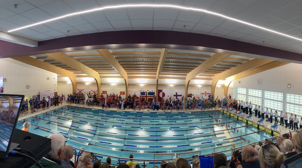Island Games XX Swimming Competition about to get underway.  A short welcome from Linda Low and parade by the teams.
