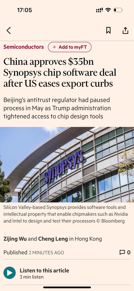zijing_wu's tweet image. Another earlier scoop confirmed. SAMR held up the $35bn Synopsys/Ansys deal amid EDA bans and granted approval days after such bans were lifted.
“MofCom told SAMR to speed up.” Trade deal is working it seems.
Free link: on.ft.com/452GDhm