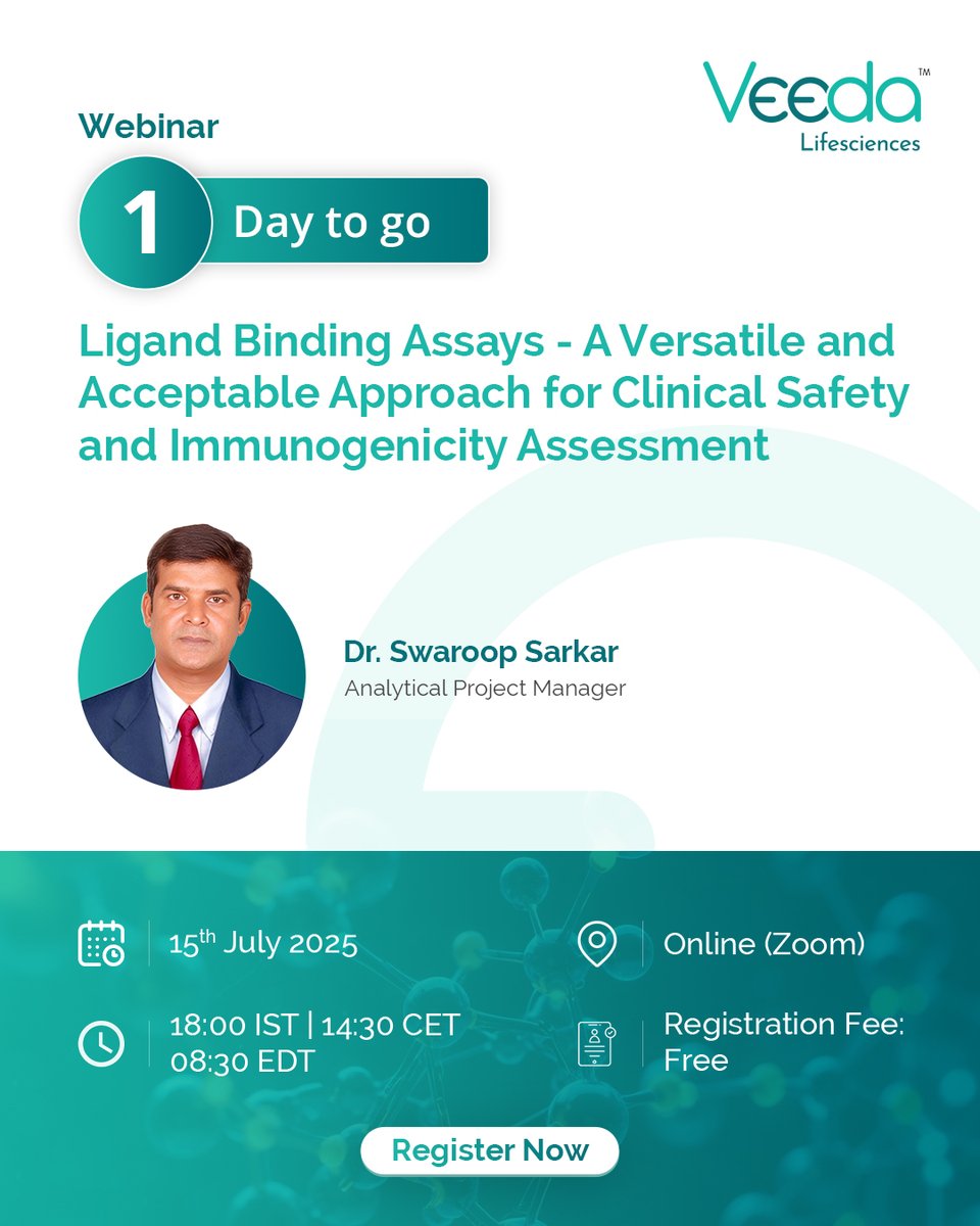 1 Day to Go | Final Call to Join Our Expert Webinar on Ligand Binding Assays

Webinar Topic:
Ligand Binding Assays – A Versatile and Acceptable Approach for Clinical Safety and Immunogenicity Assessment

Register now: veedalifesciences.com/ligand-binding…