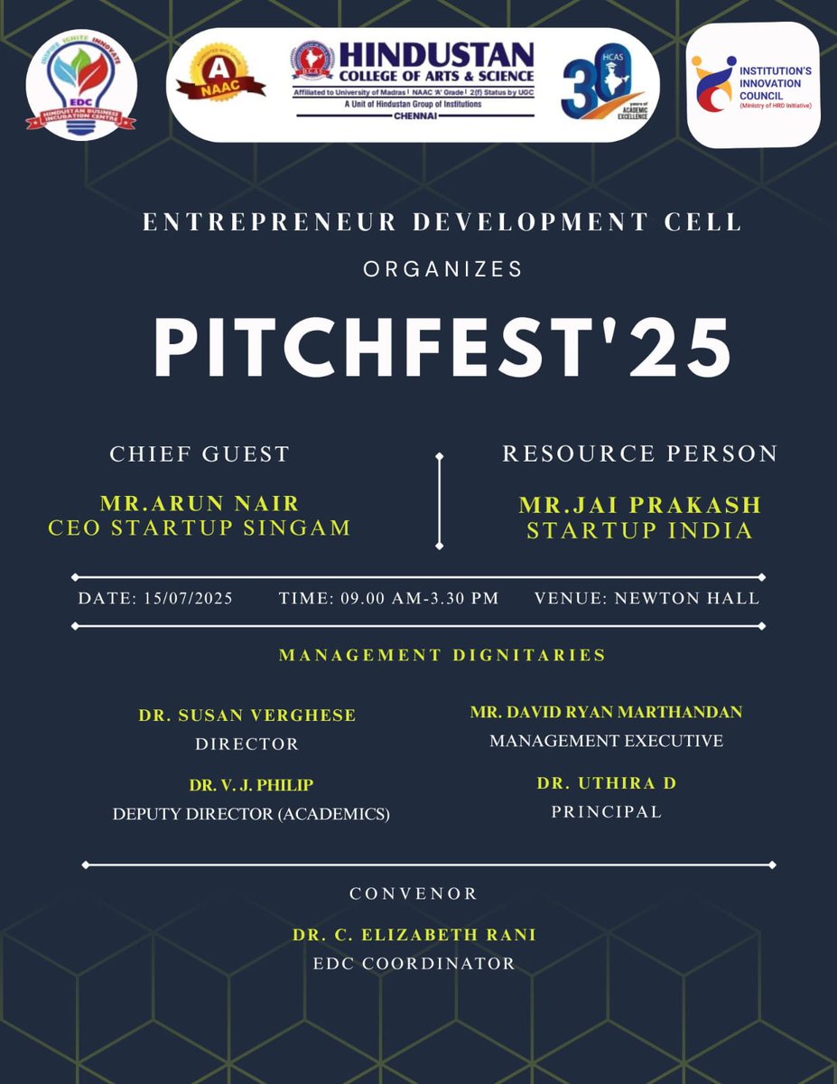 HCAS_chennai's tweet image. 🚀 Get ready to pitch your passion!
 PITCHFEST’25 by HCAS Entrepreneur Development Cell is here!
🎙 Mr. Arun Nair – CEO, Startup Singam
💡 Mr. Jai Prakash – Startup India
📍 Newton Hall | 🗓 15 July | 🕘 9 AM – 3:30 PM

#PitchFest25 #StartupIndia #HCAS #Entrepreneurship #EDCHCAS