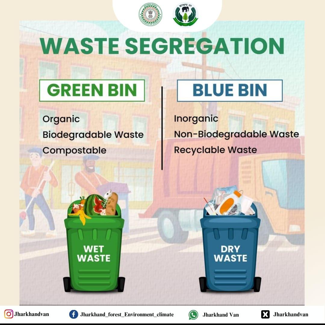 कचरा नहीं, जिम्मेदारी बाँटें!
हरी बिन में जाएं गीला कचरा 🌱
नीली बिन में डालें सूखा कचरा 🧴

सही तरीके से कचरा अलग करें और पर्यावरण को बचाएं।
"हर घर से शुरुआत, स्वच्छ झारखंड की बात।" 

#WasteSegregation #GreenBin #BlueBin #SwachhJharkhand #JharkhandVan #CleanAndGreen