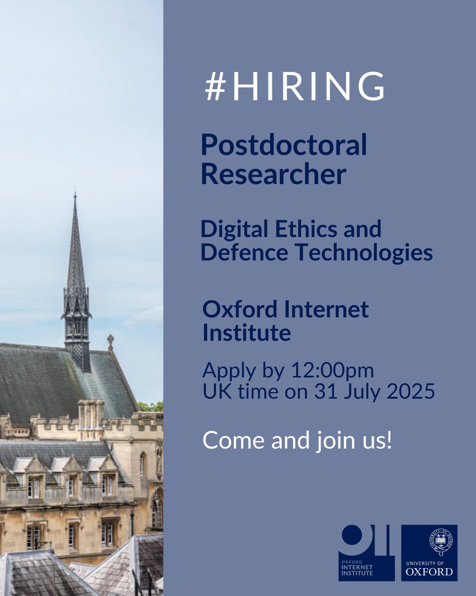 Oxford Internet Institute (@oiioxford) on Twitter photo Job alert! We’re looking for a Postdoctoral Researcher working with <a href="/RosariaTaddeo/">Mariarosaria Taddeo @RosTaddeo@fosstodon.org</a> <a href="/oiioxford/">Oxford Internet Institute</a> to join the research group on Digital Ethics and Defence Technologies. Full-time, fixed term role for 41 months, starts 1 Oct 2025. Apply today! bit.ly/40faOPP #hiring Job alert! We’re looking for a Postdoctoral Researcher working with <a href="/RosariaTaddeo/">Mariarosaria Taddeo @RosTaddeo@fosstodon.org</a> <a href="/oiioxford/">Oxford Internet Institute</a> to join the research group on Digital Ethics and Defence Technologies. Full-time, fixed term role for 41 months, starts 1 Oct 2025. Apply today! bit.ly/40faOPP #hiring