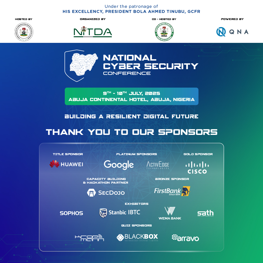 Under the patronage of President Bola Ahmed Tinubu, #NCSC2025 marked a major leap toward a resilient digital Nigeria.
Big thanks to all our sponsors — your support powered this mission.
Together, we’re building a safer cyber future.
#CyberSecurityNigeria #DigitalFuture #QNAEvents