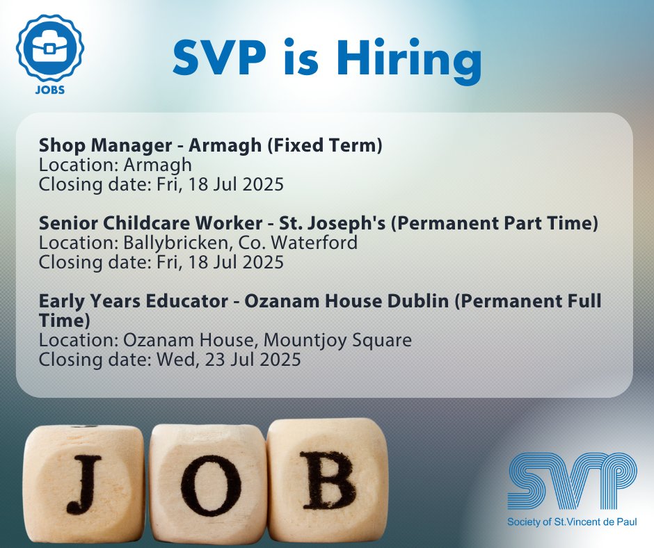 SVP_Ireland's tweet image. SVP is hiring for multiple vacancies!!
Are you a suitable candidate?
Apply now: svp.ie/careers/work-w…

#svpireland #vacancies #job #jobvancancy