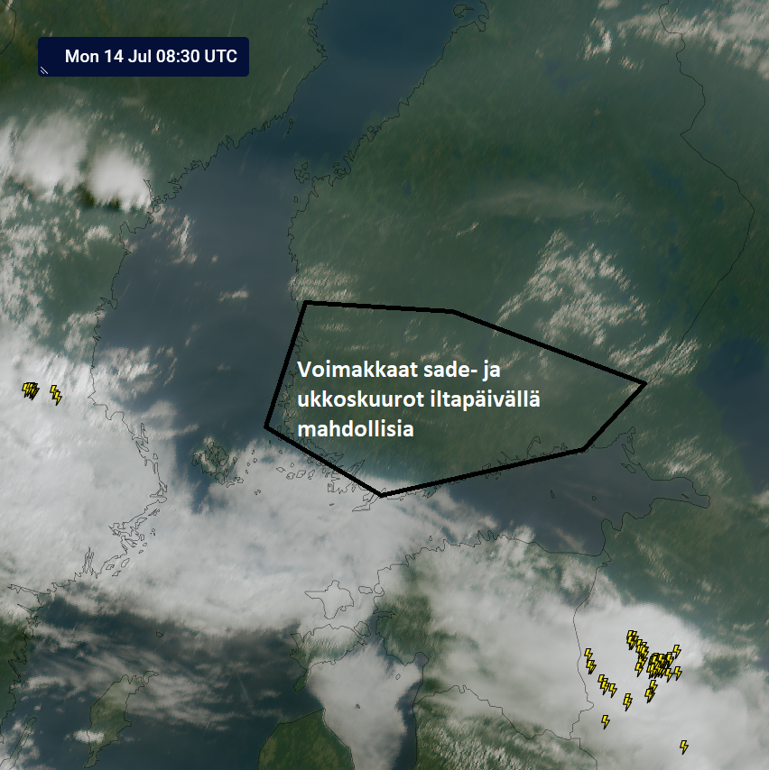 meteorologit's tweet image. Tänään maan eteläosassa on potentiaalia voimakkaiden sade- ja ukkoskuurojen kehitykselle, todennäköisimmin kello 13 jälkeen. Kuvassa satelliittikuvaa kello 11.30 (SA), Suomen eteläpuolella ukkosta on jo muodostunut.
#ukkonen #sade #kesä