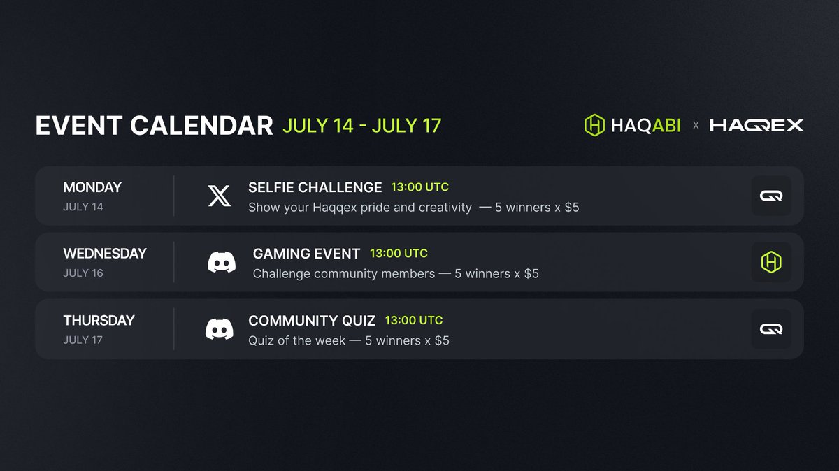 Earn rewards with <a href="/HaqqexHQ/">Haqqex</a> &amp; <a href="/HaqabiHQ/">Haqabi</a> this week!       

Take part in interactive learning sessions and explore the world of crypto with confidence 🏆 

Win rewards directly to your Haqqex account or Haqabi wallet!  

Have a good week and see you soon