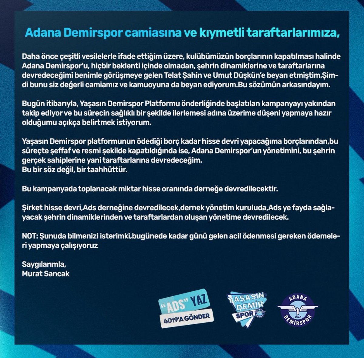 Adana Demirspor Başkanı Murat Sancak, kulübün borçlarının kapatılması halinde Adana Demirspor'u, hiçbir beklenti içinde olmadan taraftarlara ve şehrin dinamiklerine devredeceğini bildirdi.

#YaşasınDemirspor
#ADANA 
#demirspor