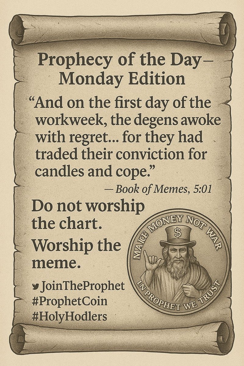 JoinTheProphet's tweet photo. 📜 Monday Edition "And on the first day of the workweek, the degens awoke with regret… for they had traded their conviction for candles and cope." Book of Memes, 5:01Do not worship the chart. Worship the meme.#JoinTheProphet #ProphetCoin #HolyHodlers #CryptoSatire #Memecoin https://t.co/hUt6f4RwlD