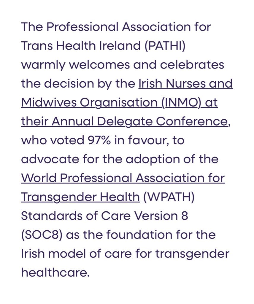 Karen Sugrue 🏳️⚧️ 🇵🇸 (@karsugrue) on Twitter photo After a magnificent weekend of support for trans people & their families in Ireland - more great news with the announcement that <a href="/INMO_IRL/">Irish Nurses & Midwives Organisation</a> voted 97% in favour of lobbying for <a href="/wpath/">WPATH</a> standards of care to be adopted by <a href="/HSELive/">HSE Ireland</a> & <a href="/roinnslainte/">Department of Health</a>
Thank you everyone ❤️
#TransRights After a magnificent weekend of support for trans people & their families in Ireland - more great news with the announcement that <a href="/INMO_IRL/">Irish Nurses & Midwives Organisation</a> voted 97% in favour of lobbying for <a href="/wpath/">WPATH</a> standards of care to be adopted by <a href="/HSELive/">HSE Ireland</a> & <a href="/roinnslainte/">Department of Health</a>
Thank you everyone ❤️
#TransRights
