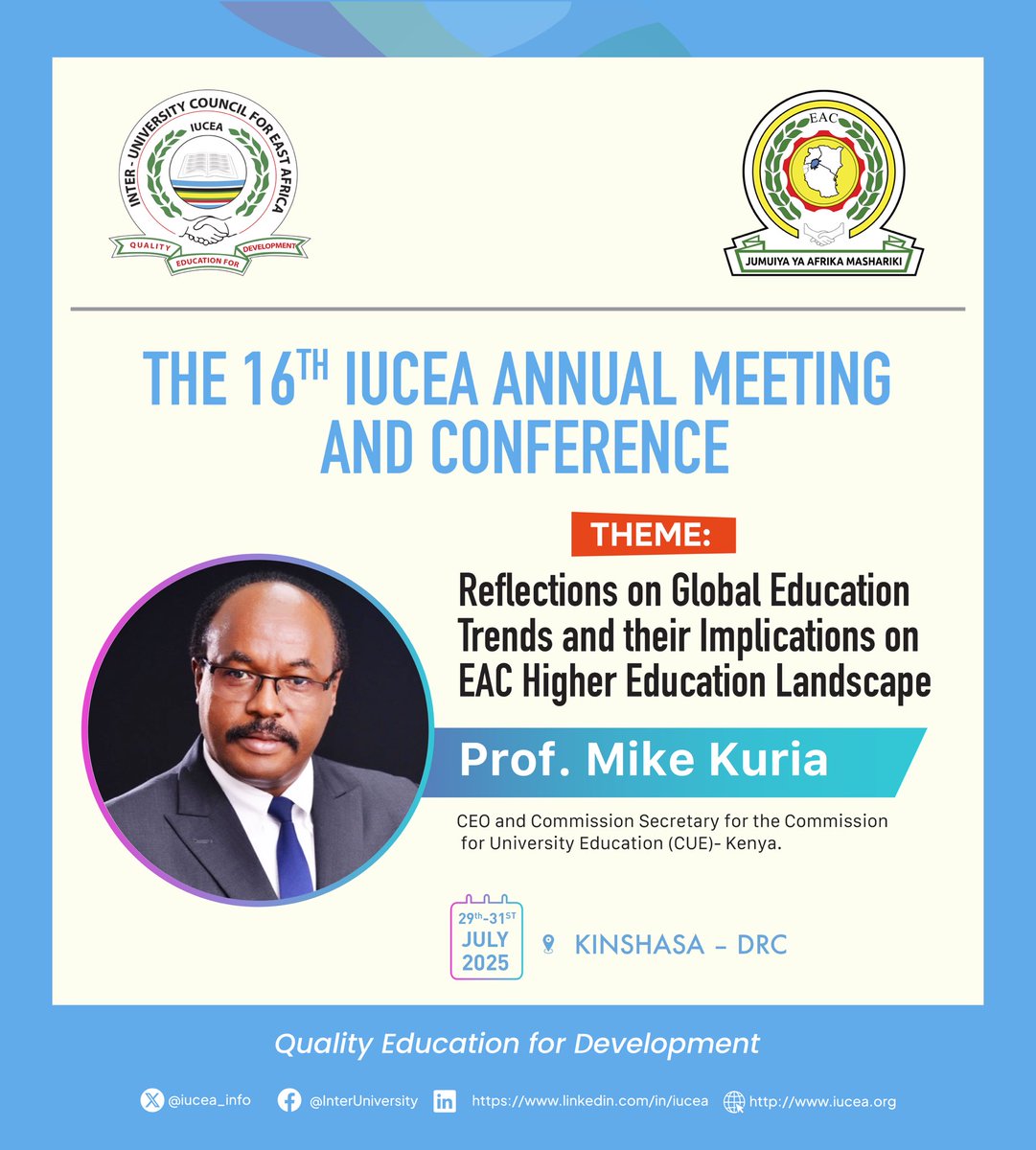 Prof. Mike Kuria, a distinguished scholar in higher education, the CEO and Commission Secretary of the Commission for University Education (CUE) in Kenya, is scheduled to speak at the upcoming <a href="/iucea_info/">IUCEA</a> Annual Meeting and Conference, which will take place in Kinshasa.