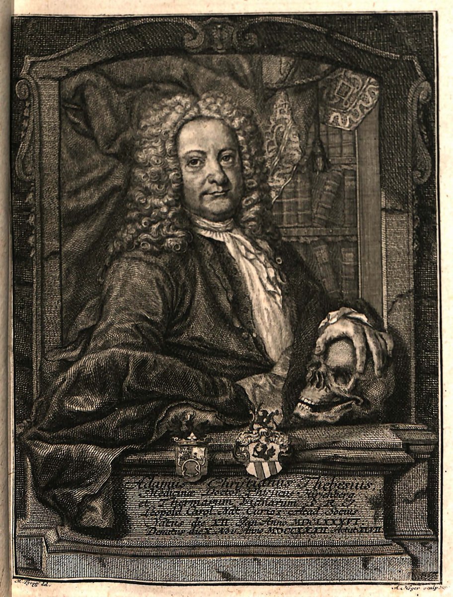 Sobre un diseño de Martin Tyroff (1704-1759), A. Höger graba, con los atributos típicos de su profesión, el retrato del anatomista “Tebesio” (Adam Christian Thebesius, 1686-1732), miembro de la Academia Leopoldina
bibliotecavirtual.ranm.es/ranm/es/consul…