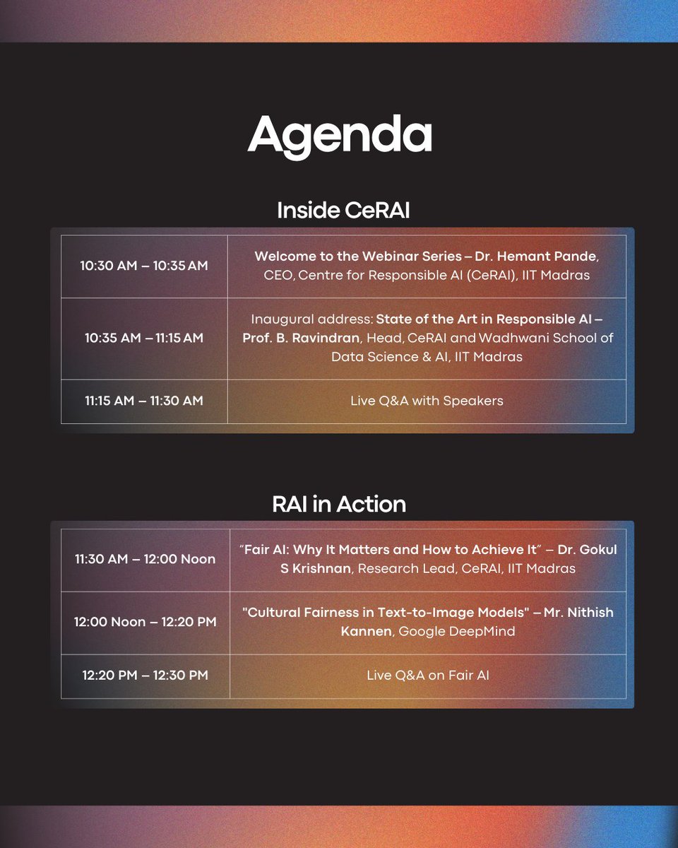 Wadhwani School of Data Science & AI (WSAI), IITM (@wsai_iitm) on Twitter photo WSAI announces the launch of '#CeRAIConversations' - a new webinar series by <a href="/cerai_iitm/">Centre for Responsible AI, IIT Madras</a>, on the future of #ResponsibleAI.
🗓️ 19th July 2025 | ⏰ 10:30 AM IST
Register: us06web.zoom.us/webinar/regist…
<a href="/ravi_iitm/">Balaraman Ravindran</a> <a href="/gsk1992/">Gokul S Krishnan</a> <a href="/NithishKannen/">Nithish Kannen</a> <a href="/iitmadras/">IIT Madras</a> <a href="/EduMinOfIndia/">Ministry of Education</a> <a href="/OfficialINDIAai/">IndiaAI</a> WSAI announces the launch of '#CeRAIConversations' - a new webinar series by <a href="/cerai_iitm/">Centre for Responsible AI, IIT Madras</a>, on the future of #ResponsibleAI.
🗓️ 19th July 2025 | ⏰ 10:30 AM IST
Register: us06web.zoom.us/webinar/regist…
<a href="/ravi_iitm/">Balaraman Ravindran</a> <a href="/gsk1992/">Gokul S Krishnan</a> <a href="/NithishKannen/">Nithish Kannen</a> <a href="/iitmadras/">IIT Madras</a> <a href="/EduMinOfIndia/">Ministry of Education</a> <a href="/OfficialINDIAai/">IndiaAI</a>