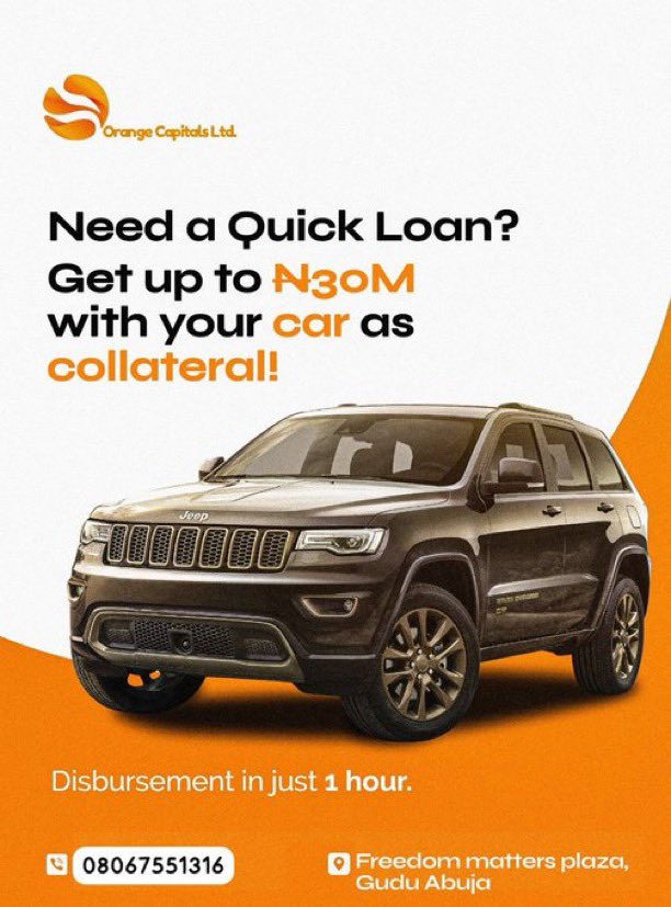 currentiyke's tweet image. Are you seeking a quick loan from ₦1M to ₦100M, using your car as collateral?
Send a dm or 📞 the number on the flyer.
Get your funds in just 10 minutes! ✌🏾
📍Lagos & Abuja