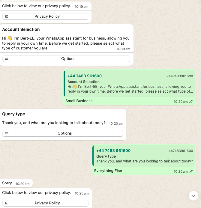 dannymax's tweet photo. @EE I have tried calling you and you will only communicate through your chatbot or WhatsApp. These are useless as you can see from the screenshot below. How are your customers ment to speak to you? https://t.co/K4JHAR9lOY