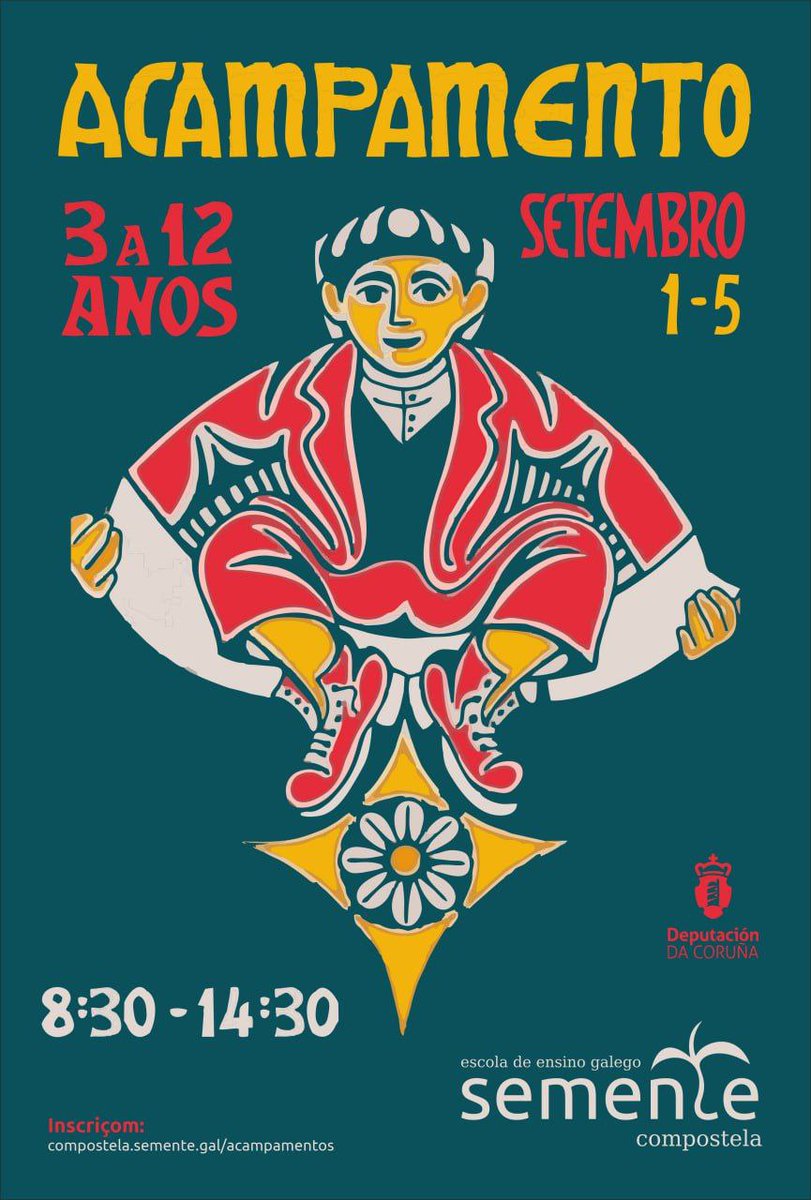 Acampamento de setembro ☀️
3-12 anos

Vem passar os últimos dias antes do começo do ano escolar na Semente! 🌱

🗓 1-5 setembro

🕣 8:30-14:30h

📍 Moas de Abaixo, 20

📲 compostela.semente.gal/acampamentos

Colabora: <a href="/DACCultura/">Cultura Depu. Coruña</a>