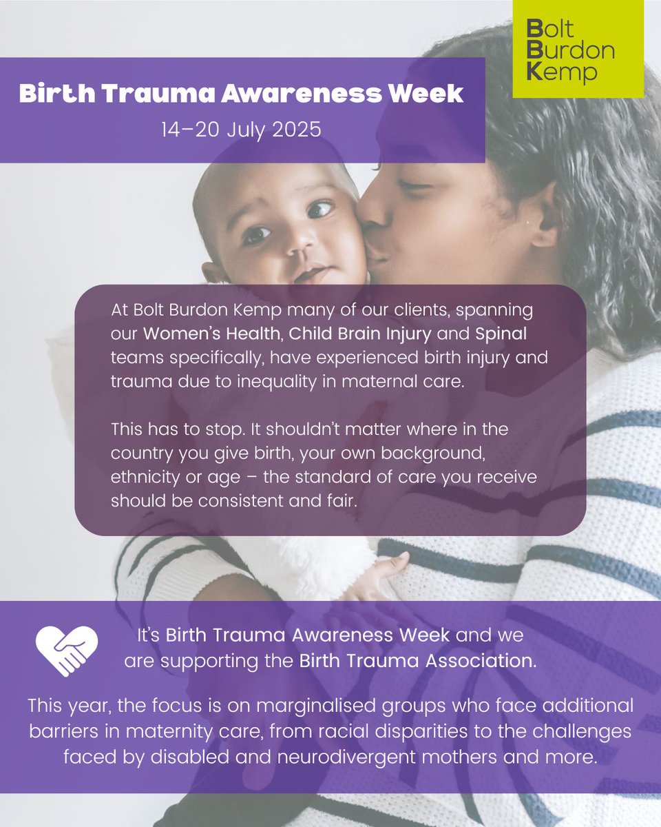 🫶 We’re proud to support Birth Trauma Awareness Week 2025 #BTAW2025. Shining a light on inequalities. 

Read <a href="/BoltBurdonKemp/">Bolt Burdon Kemp</a> blog here on our own insights into the #inequalities our clients have faced during #maternity care⬇️

tinyurl.com/4dwek7v8

#GoodMaternityCareForAll