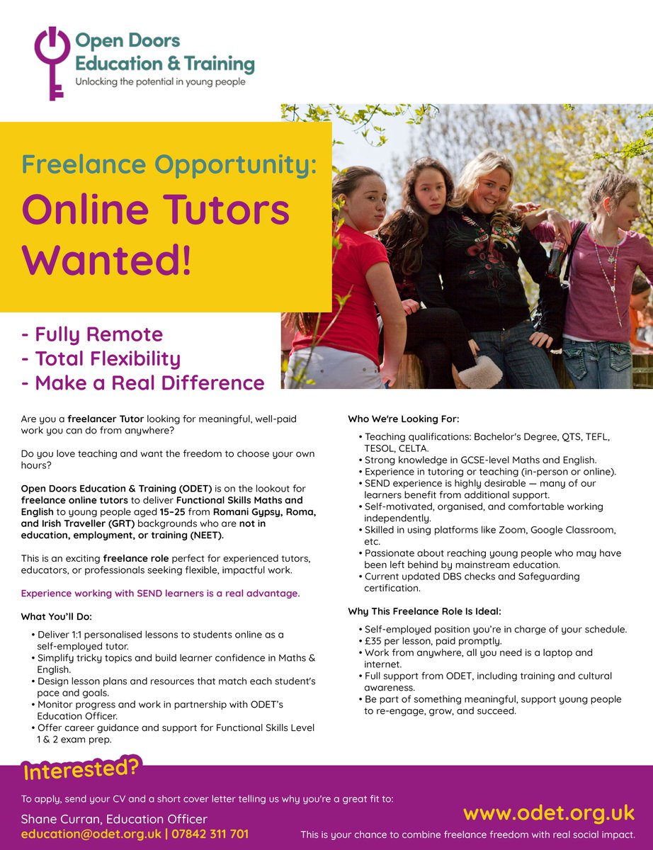 open_odet's tweet image. ODET is now looking to expand by providing a great opportunity to join our team as a Freelance Tutor!! See advert below!
