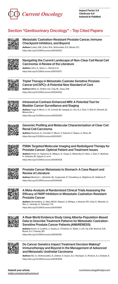 CurrentOncology's tweet image. π¬ #TopCitedPapers in #GUOncology!
β¨ Welcome to read most impactful studies from our Genitourinary Oncology Section
#UroOncology #OpenAccess