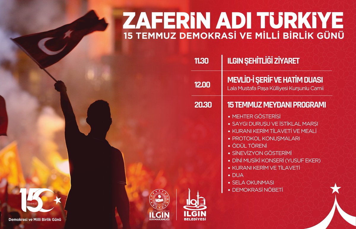 #15Temmuz milletimizin direnişinin, dirilişinin günüdür. 🇹🇷

Hain darbe girişiminin 9. yıl dönümünde, aziz şehitlerimizi duayla anmak ve irademize kastedenleri unutturmamak için

🗓 15 Temmuz Salı 
🕛 20.30
📍 15 Temmuz Şehitler Meydanı'na tüm hemşehrilerimi davet ediyorum.