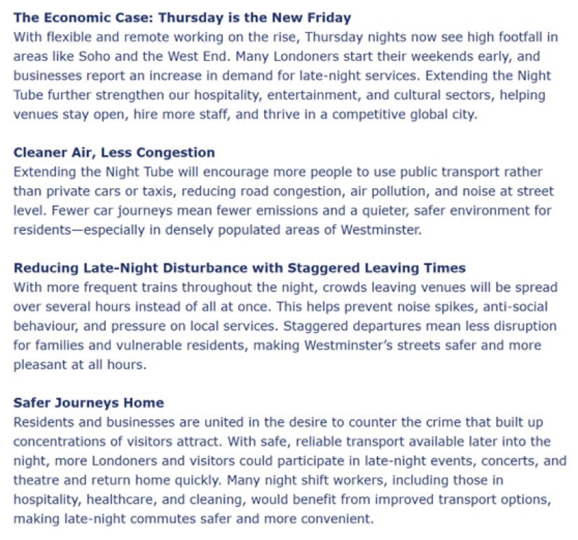 westminstertory's tweet image. Do you agree that the Night Tube should be extended to Thursday nights? This week our Leader @paulswaddle has written on how a Thursday Night Tube would help local businesses, boost the economy, improve air quality &amp;amp; increase public safety. LINKS IN NEXT TWEET (1/2)